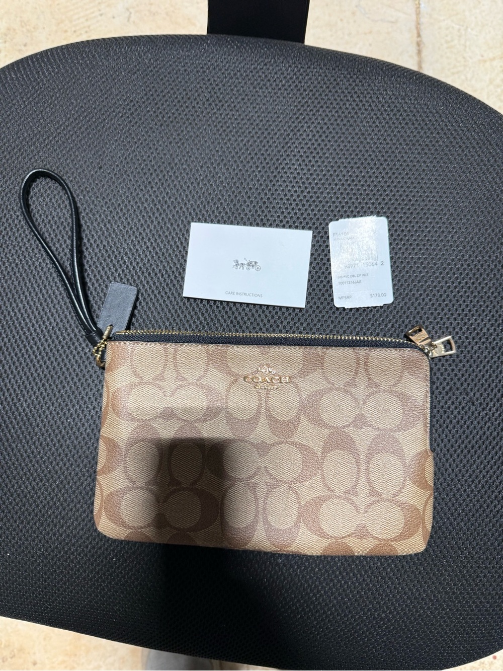 Coach Signature Canvas Wristlet in Tan and Brown with Black Strap